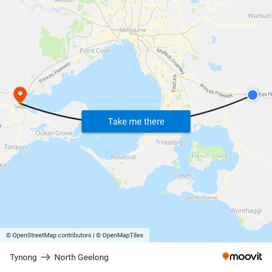 Tynong to North Geelong map