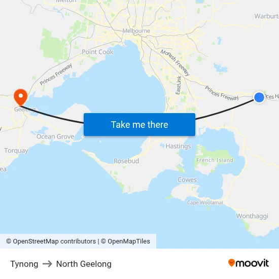 Tynong to North Geelong map