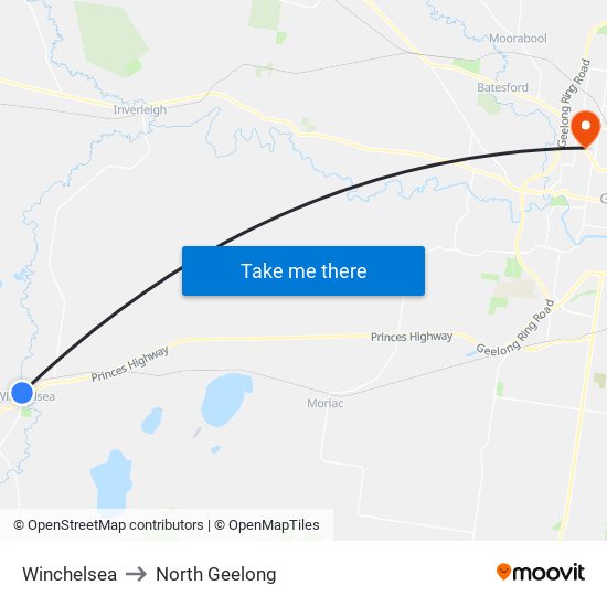 Winchelsea to North Geelong map