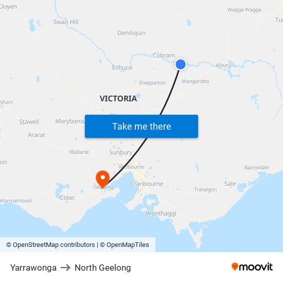 Yarrawonga to North Geelong map
