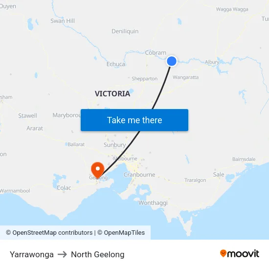 Yarrawonga to North Geelong map