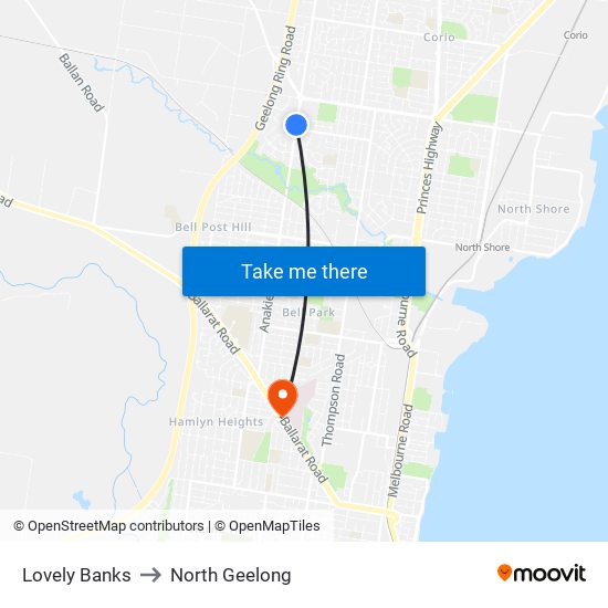 Lovely Banks to North Geelong map