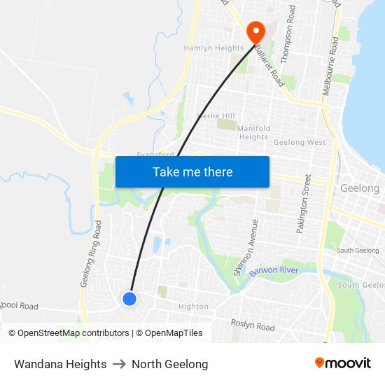 Wandana Heights to North Geelong map