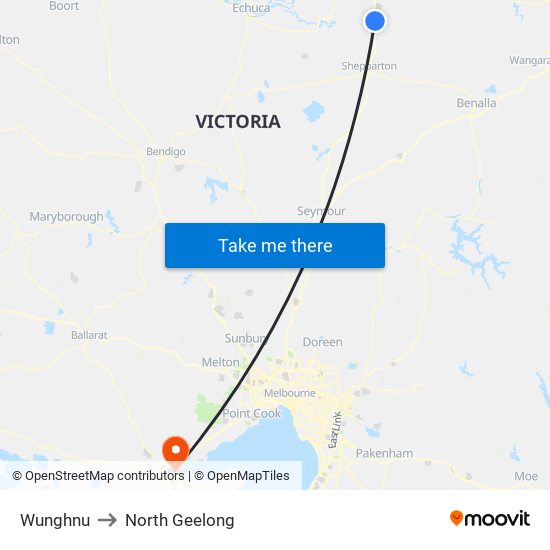 Wunghnu to North Geelong map