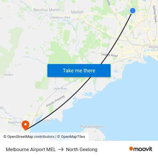 Melbourne Airport MEL to North Geelong map
