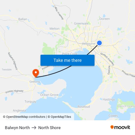 Balwyn North to North Shore map