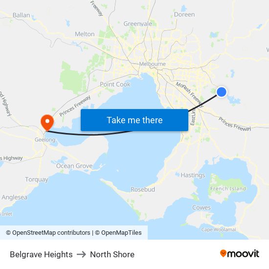 Belgrave Heights to North Shore map