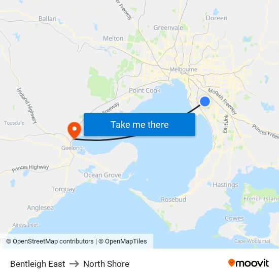 Bentleigh East to North Shore map