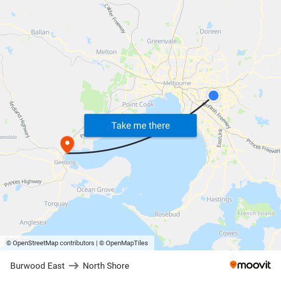 Burwood East to North Shore map
