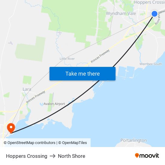 Hoppers Crossing to North Shore map