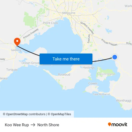 Koo Wee Rup to North Shore map