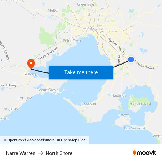 Narre Warren to North Shore map