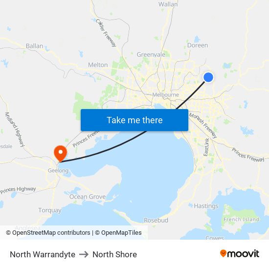 North Warrandyte to North Shore map