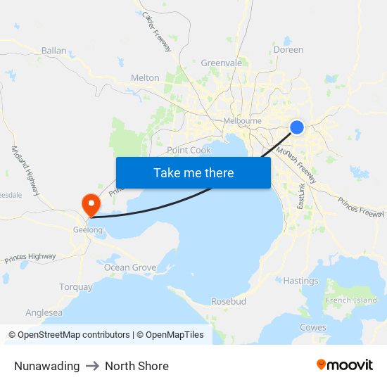 Nunawading to North Shore map