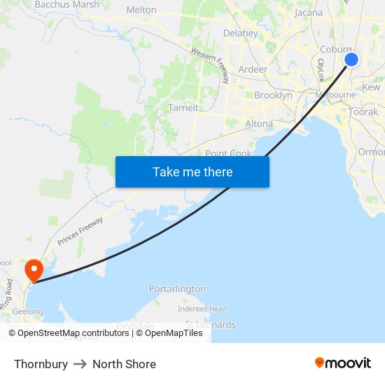 Thornbury to North Shore map