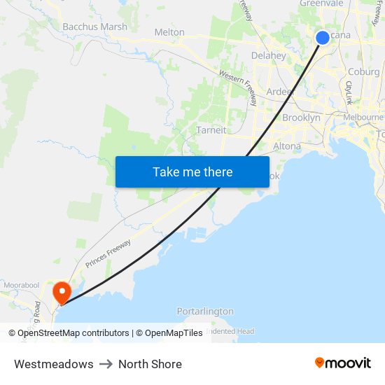 Westmeadows to North Shore map