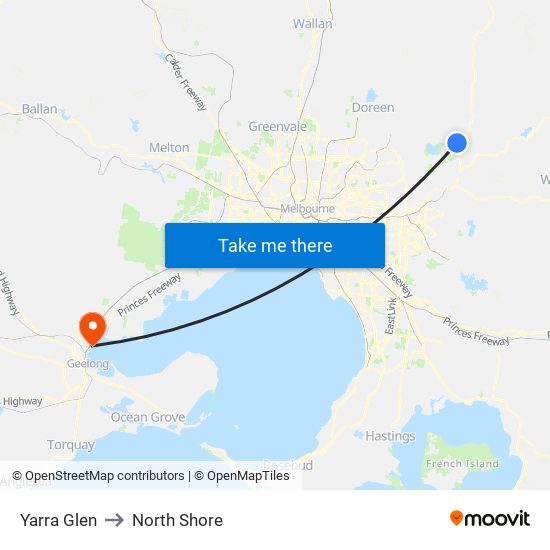 Yarra Glen to North Shore map