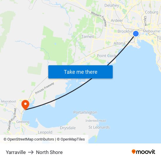 Yarraville to North Shore map