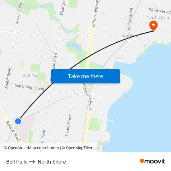 Bell Park to North Shore map