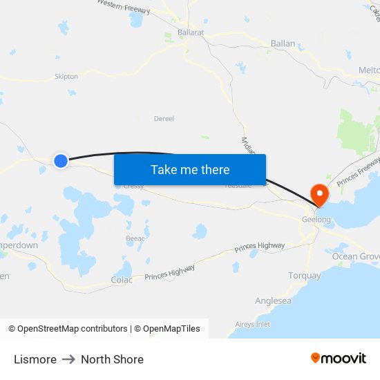 Lismore to North Shore map