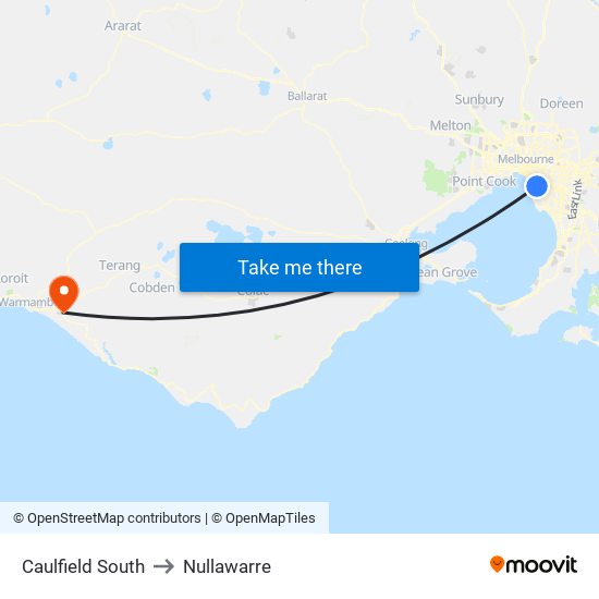 Caulfield South to Nullawarre map