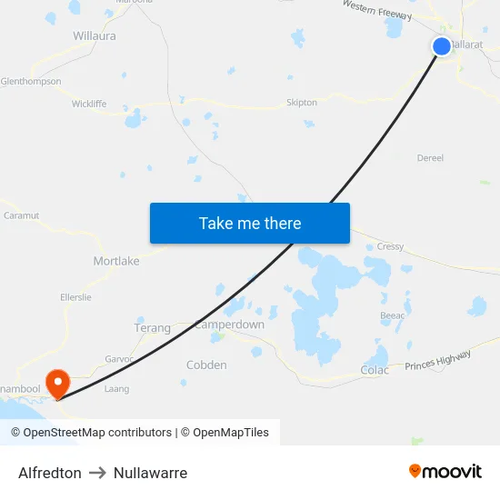 Alfredton to Nullawarre map