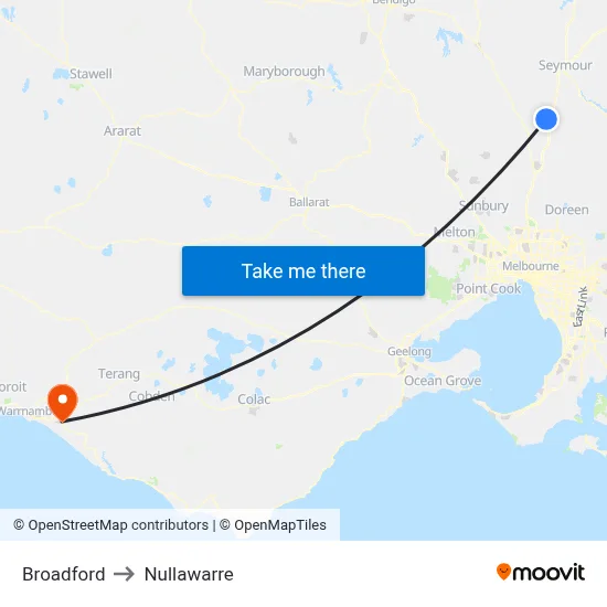 Broadford to Nullawarre map