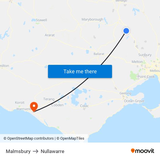 Malmsbury to Nullawarre map