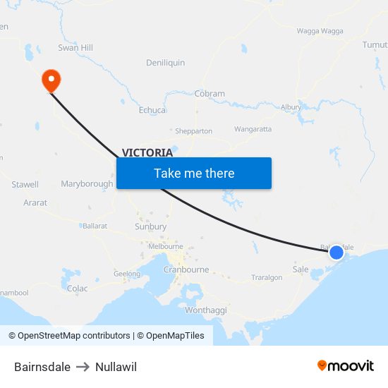 Bairnsdale to Nullawil map