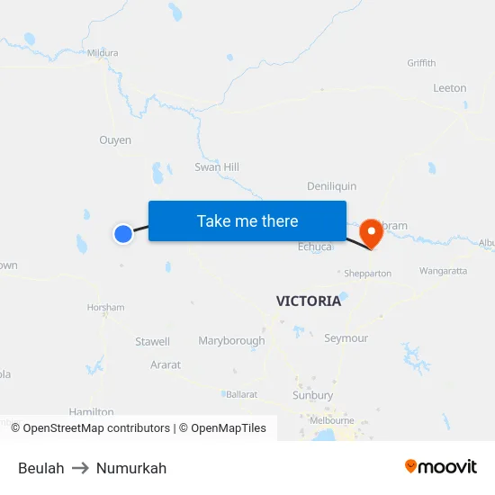 Beulah to Numurkah map