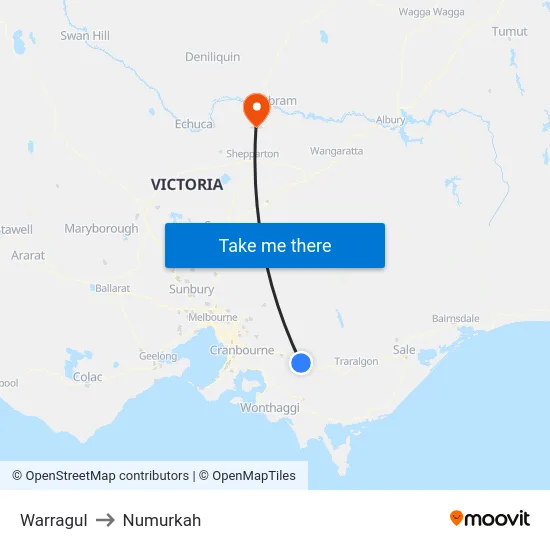 Warragul to Numurkah map