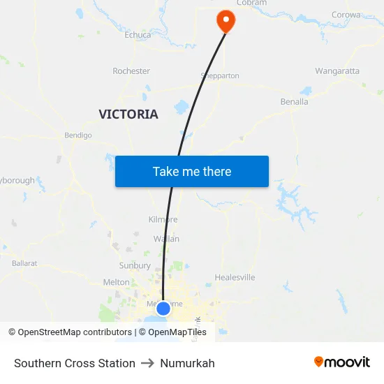 Southern Cross Station to Numurkah map
