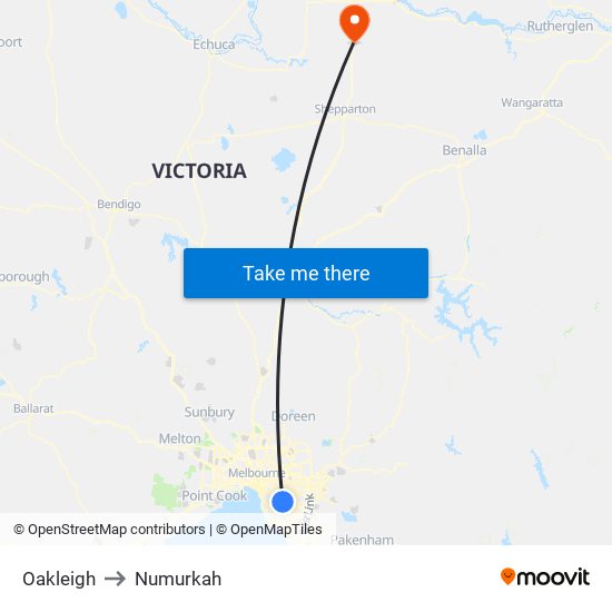 Oakleigh to Numurkah map