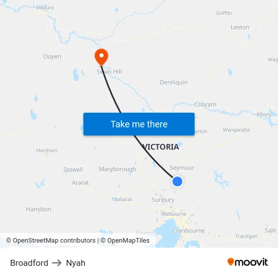 Broadford to Nyah map
