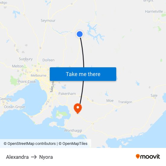 Alexandra to Nyora map