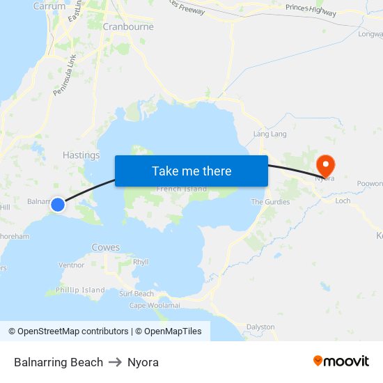 Balnarring Beach to Nyora map