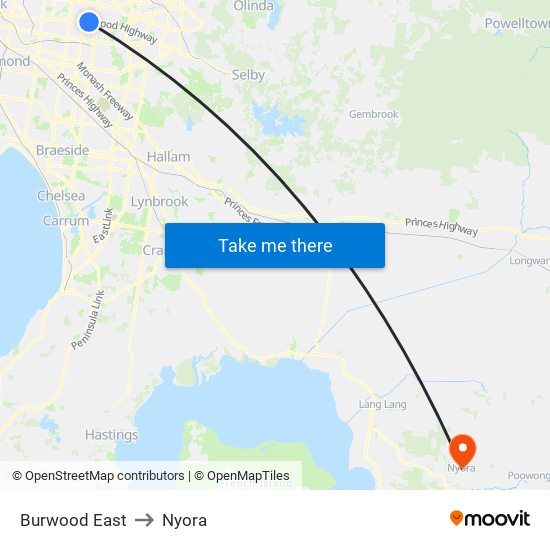 Burwood East to Nyora map