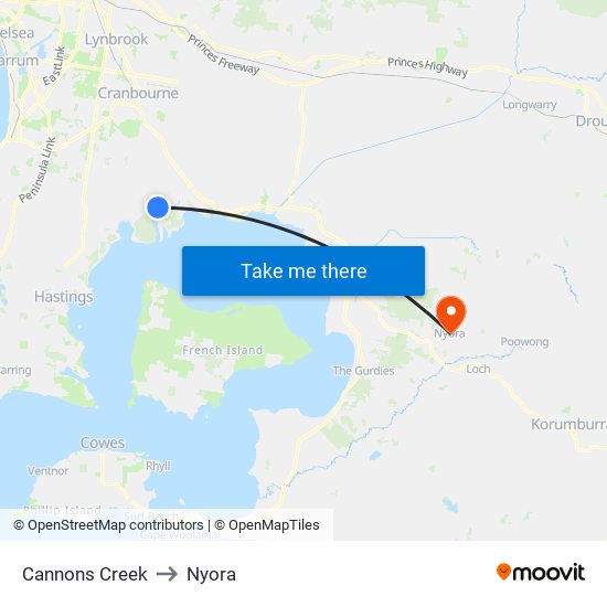 Cannons Creek to Nyora map