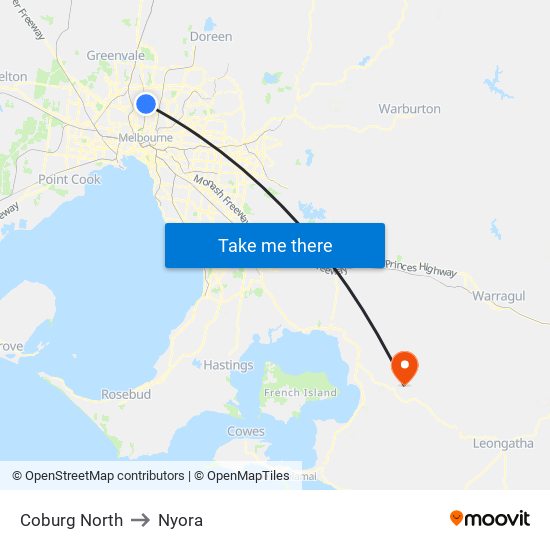 Coburg North to Nyora map