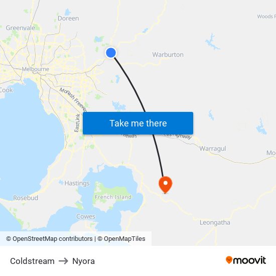 Coldstream to Nyora map