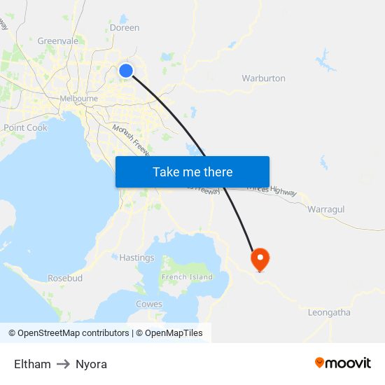 Eltham to Nyora map