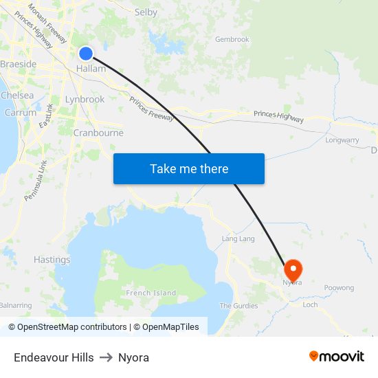 Endeavour Hills to Nyora map