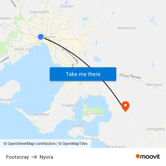 Footscray to Nyora map