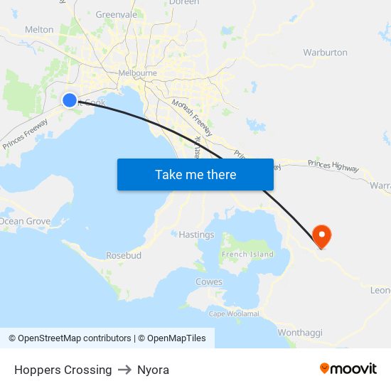 Hoppers Crossing to Nyora map