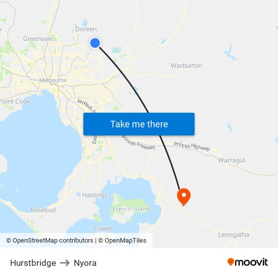 Hurstbridge to Nyora map