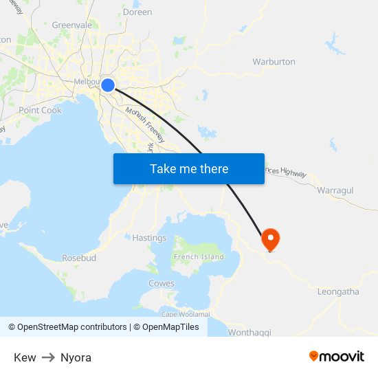 Kew to Nyora map