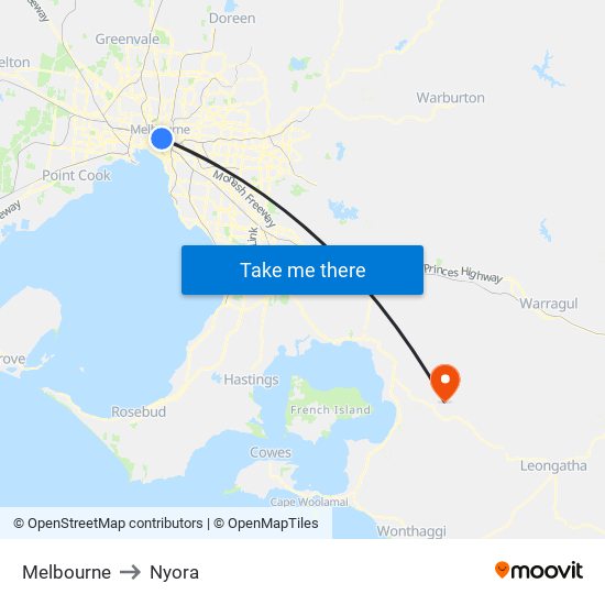 Melbourne to Nyora map