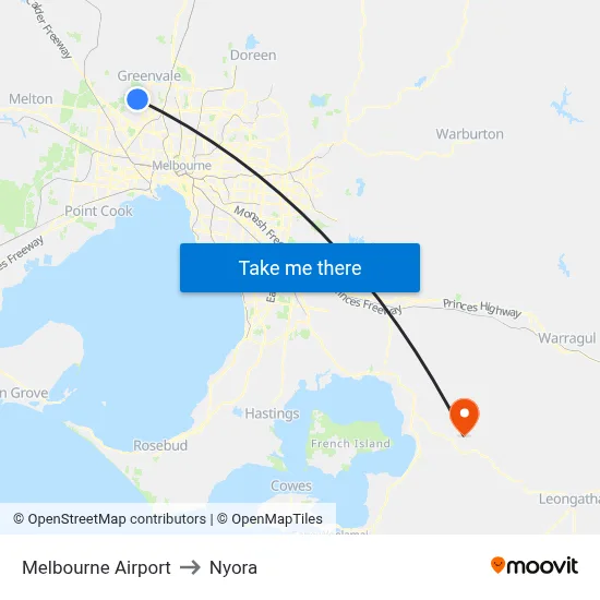 Melbourne Airport to Nyora map