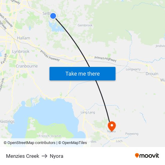 Menzies Creek to Nyora map