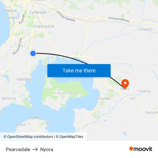 Pearcedale to Nyora map